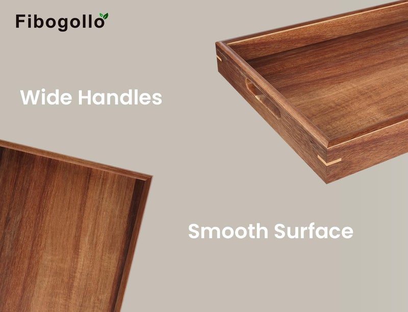 Fibogollo Set of 2 Acacia Wood Serving Tray with Handles,Decorative Trays Platter,Breakfast Tray in Bed,Food Drinks Tray for Eating,Working,Storing(Brown) - Image 2